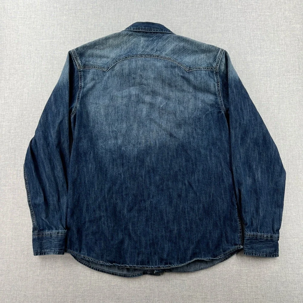 Levis Denim Western Pearl Snap Shirt Mens Large Medium Wash Distressed Sawtooth